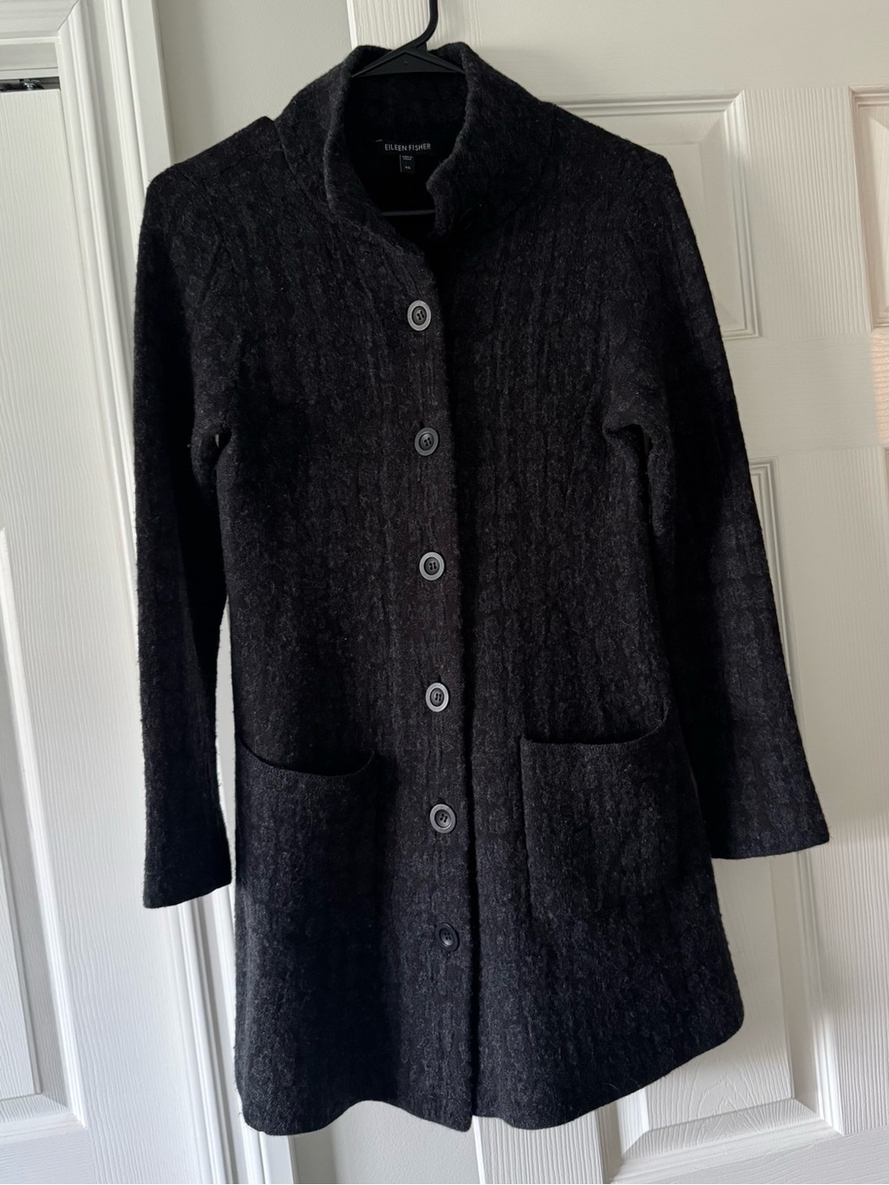 Eileen Fisher Sweater Womens XS Dark Gray Button Up Cardigan Wool Blend Duster